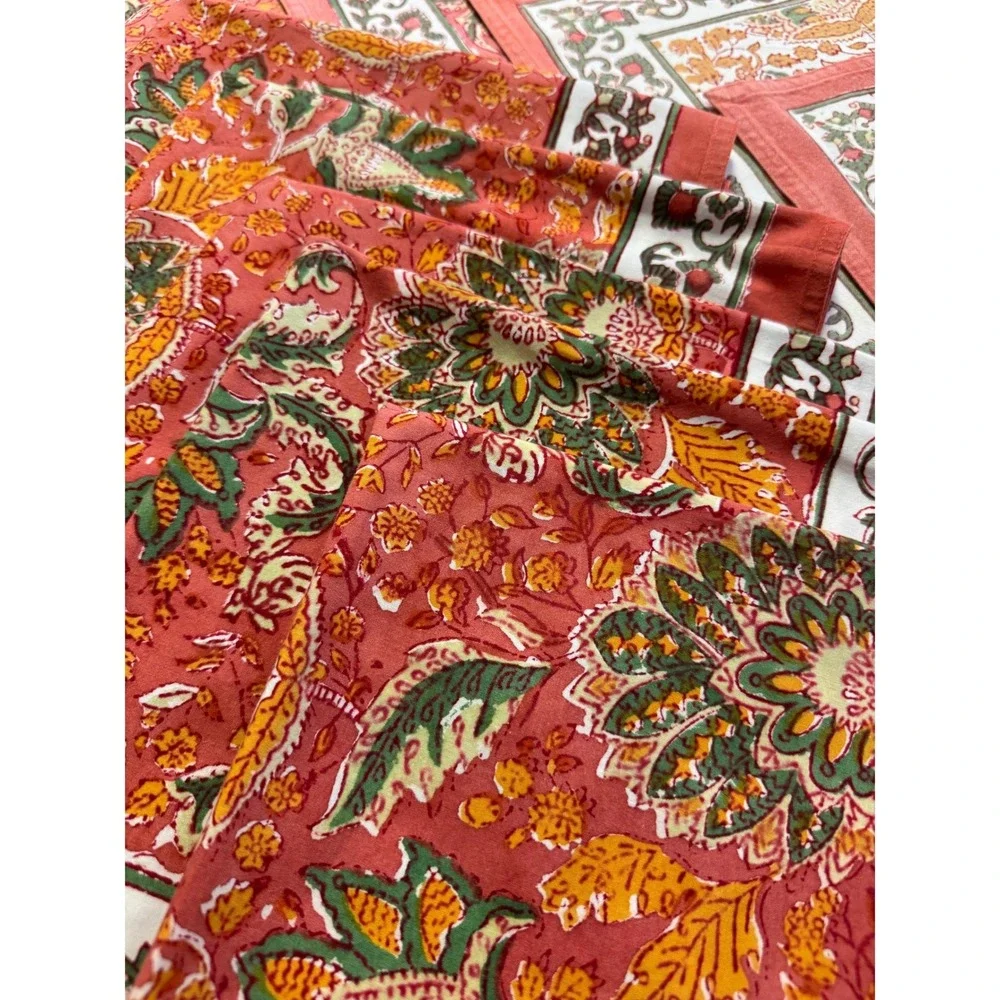Hand Block Print Floral Cotton Placemats & Napkins Set 9pc Terracotta Boho